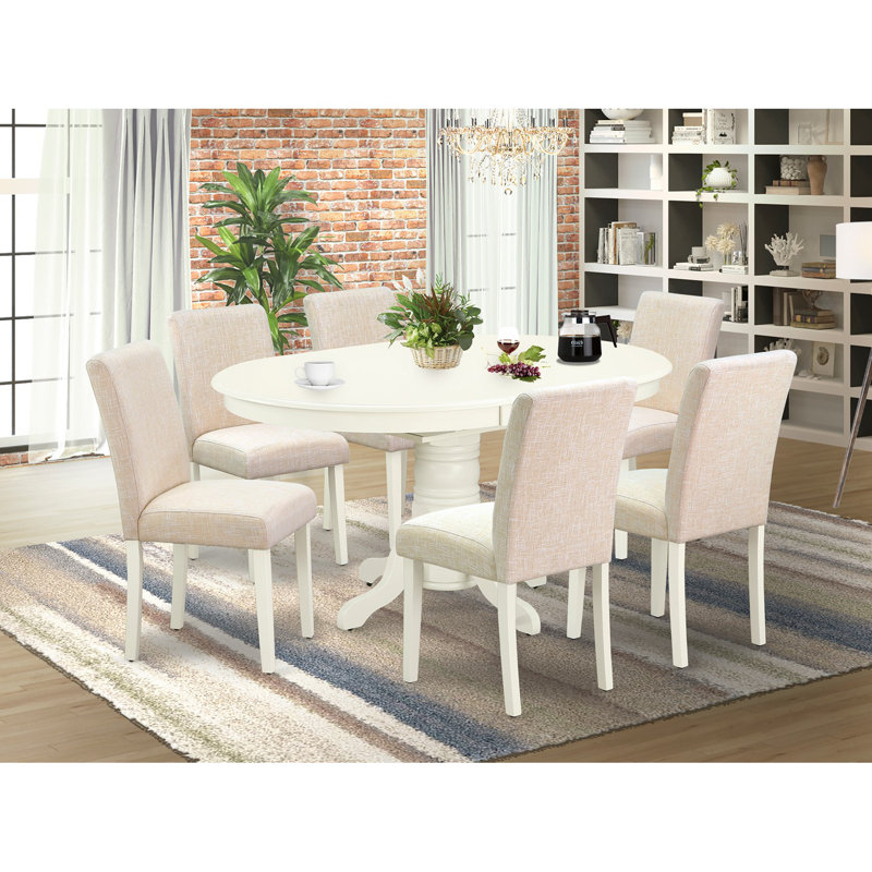 7 Piece Dining Table Set consists of an Oval Kitchen Table with Butterfly Leaf and 6 Light Beige Linen Fabric Parson Dining Chairs, 42x60 Inch, Linen White