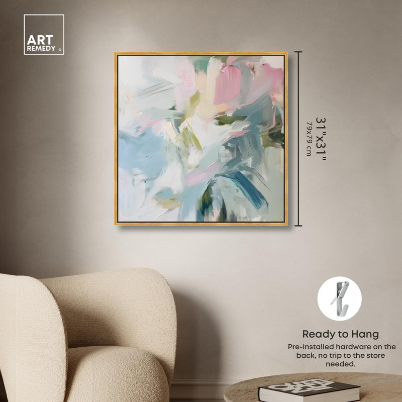 Élégante toile abstraite verte, art coloré moderne par Art Remedy, H 31 po x l 31 po x P 1,8 po, Cadre flottant doré
