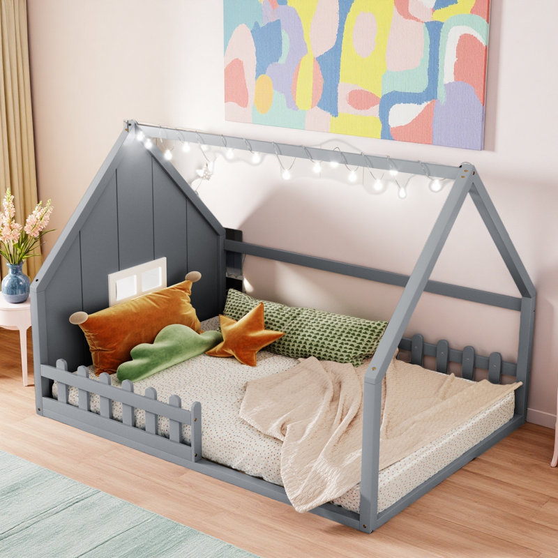 Lit à DEL avec clôture pour enfants, Gris