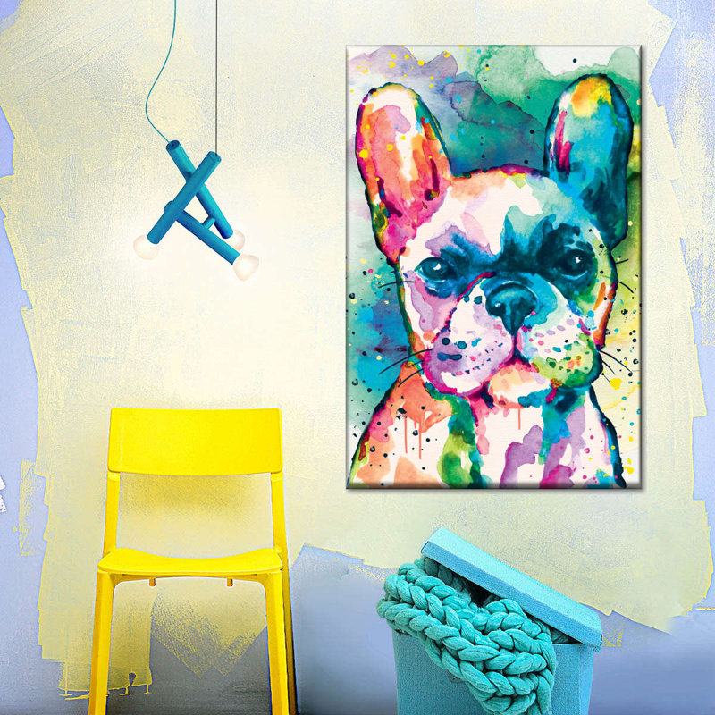 Bouledogue français, peinture sur toile, H 48 po x l 32 po x P 1,25 po