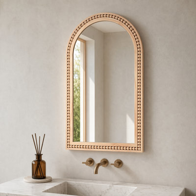 Wood Arch Wall Mirror With Beaded Trim ,Farmhouse Frame Accent Mirror