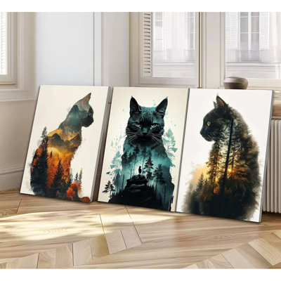 Drôle d'animaux, art mural mignon, chat noir et forêt, thème, décoration murale, coucher de soleil abstrait, montagnes, paysage, affiche, peinture, impressions, œuvre d'art, salon, salle de bain, décoration intérieure