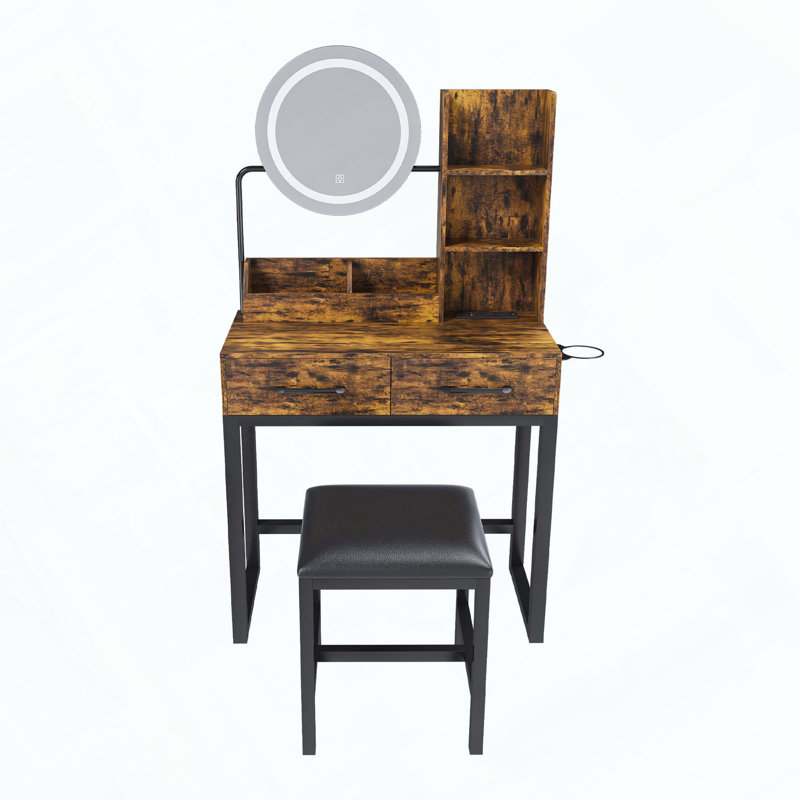 Coiffeuse de maquillage avec lumières DEL, prise de courant, 2 tiroirs et fauteuil en métal