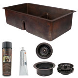 33" Hammered Copper Kitchen 50/50 Double Basin Sink with Short 5" Divider w/ Matching Drains and Accessories