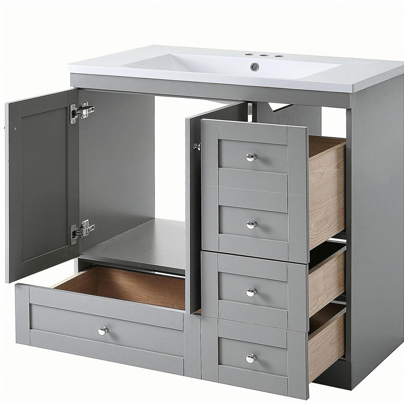 Armoire de salle de bain indépendante de style minimaliste de 36 pouces avec lavabo, 4 tiroirs à fermeture en douceur et 2 portes à fermeture en douceur