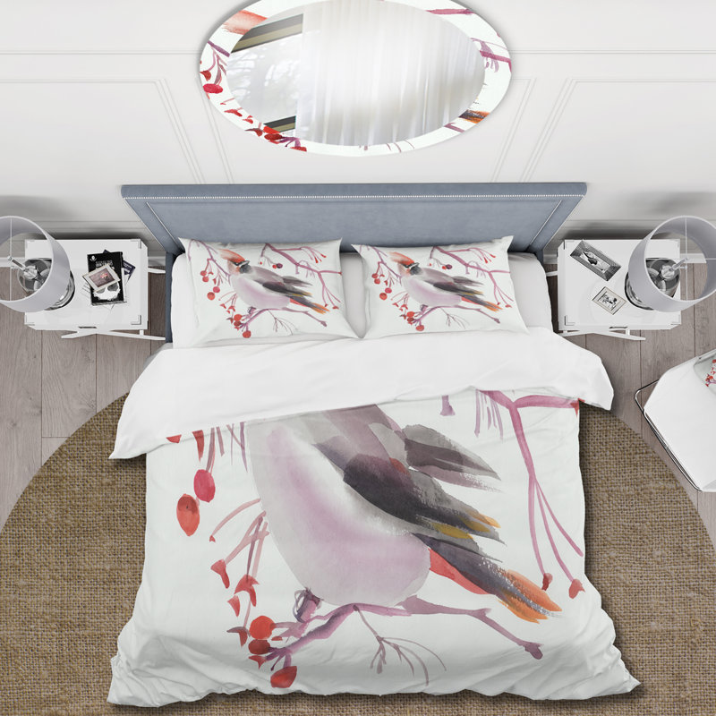 Oiseau de cire sur une branche - Ensemble de housse de couette traditionnel - Microfibre de polyester