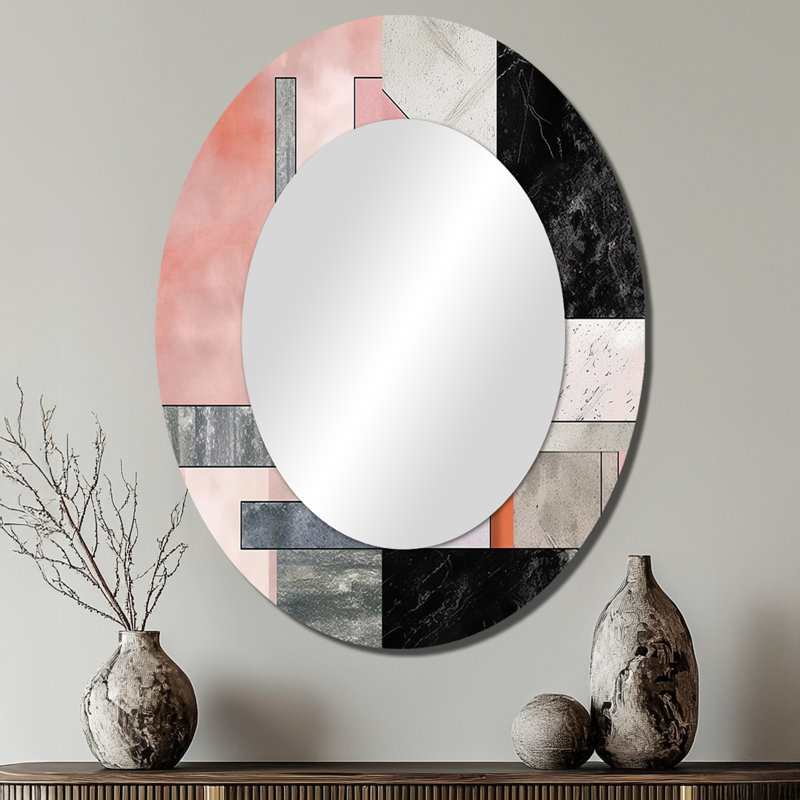 Agate en marbre de granit avec touches dorées XIII - Miroir décoratif abstrait ovale sur métal, 40 po x 30 po