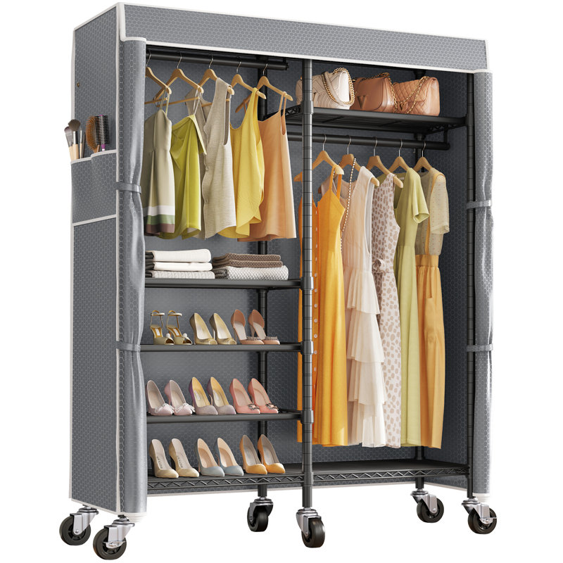 VIPEK R4C Rolling Garment Rack, 6-Tier Adjustable Wire Shelving with Lockable Wheels & Polyester Cover, 620lb Capacity, Black Rack with Grey Cover