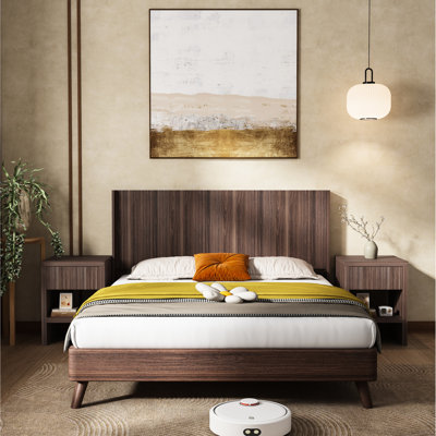 Tête de lit pour grand lit en noyer, moderne avec panneau cannelé mural et panneau 3D, aspect bois véritable élégant, détails de style à oreilles faciles à installer, surface réaliste, assemblage rapide