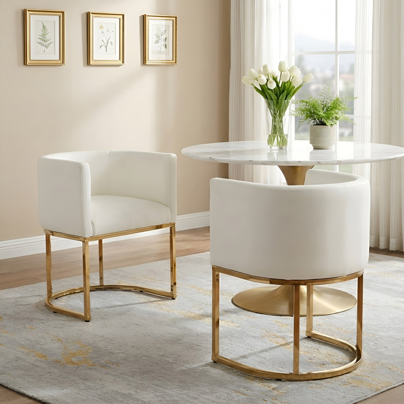 Upholstered Faux Leather Dining Chairs Modern Arm Chairs, Cream, 2