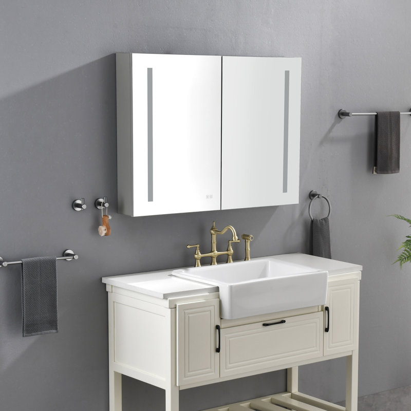 Armoire à pharmacie 40 po x 30 po à DEL pour la salle de bain, miroir, brouillard, éclairage à intensité variable, 3 options de couleur, tablette ajustable avec loupe intégrée, armoire lumineuse pour la salle de bain, à intensité variable, aluminium