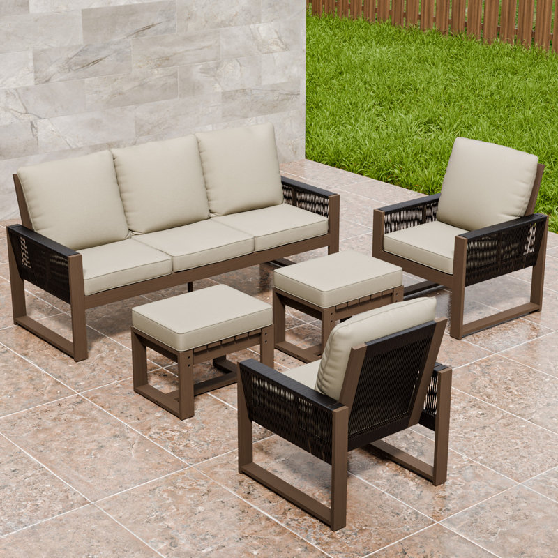 5-Person Patio Sofa Seating Group Cedar Wood Frame Brown Wicker with Cushion, Ottomans, Beige