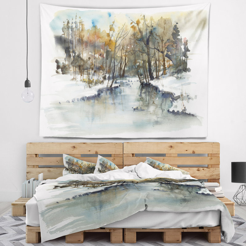 Tapisserie aquarelle Schafer Landscape River in Woods, H 32 po x l 39 po