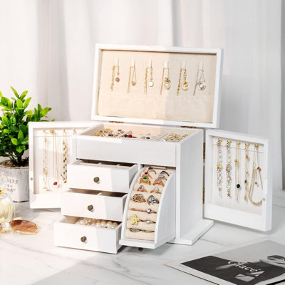 Solid Wood Jewelry Box Organizer, Double Layer Rustic Jewelry Storage Box With Linen Lining, Earring Necklace Bracelet Ring Display Case, Farmhouse Style Jewelry Gift Box