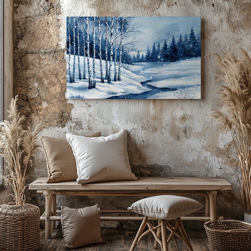 Toile, "Un paysage d'hiver tranquille avec une forêt sereine recouverte de neige avec de grands bouleaux élancés présentant une écorce blanche"