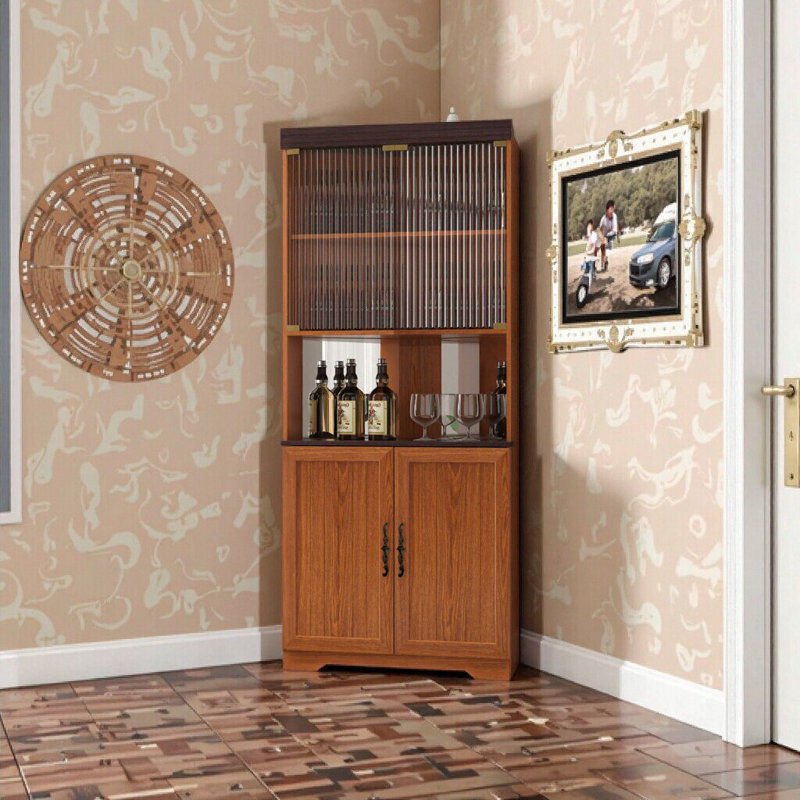Armoire de rangement de vin à 5 niveaux avec portes en verre trempé, tablettes réglables, Dark Oak