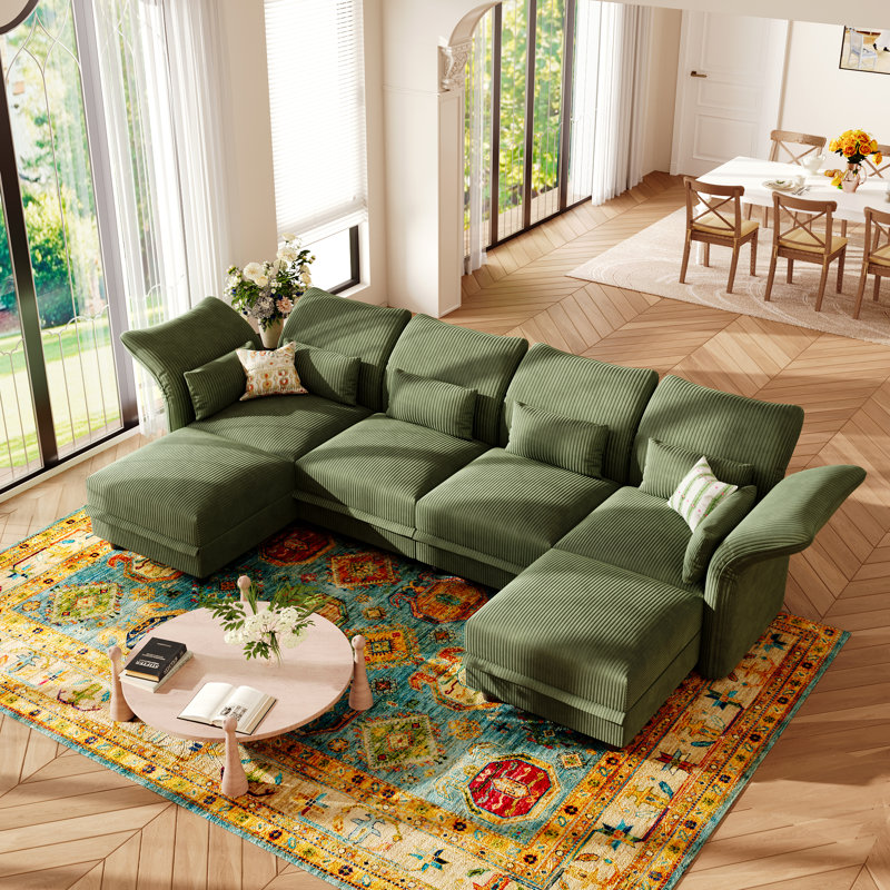 U-Shaped Upholstered Modular Sectional Sofa With Storage, 6 Seat  Corduroy  Couche With Adjustable Arms Backs,Plush Supportive Cushions, Green