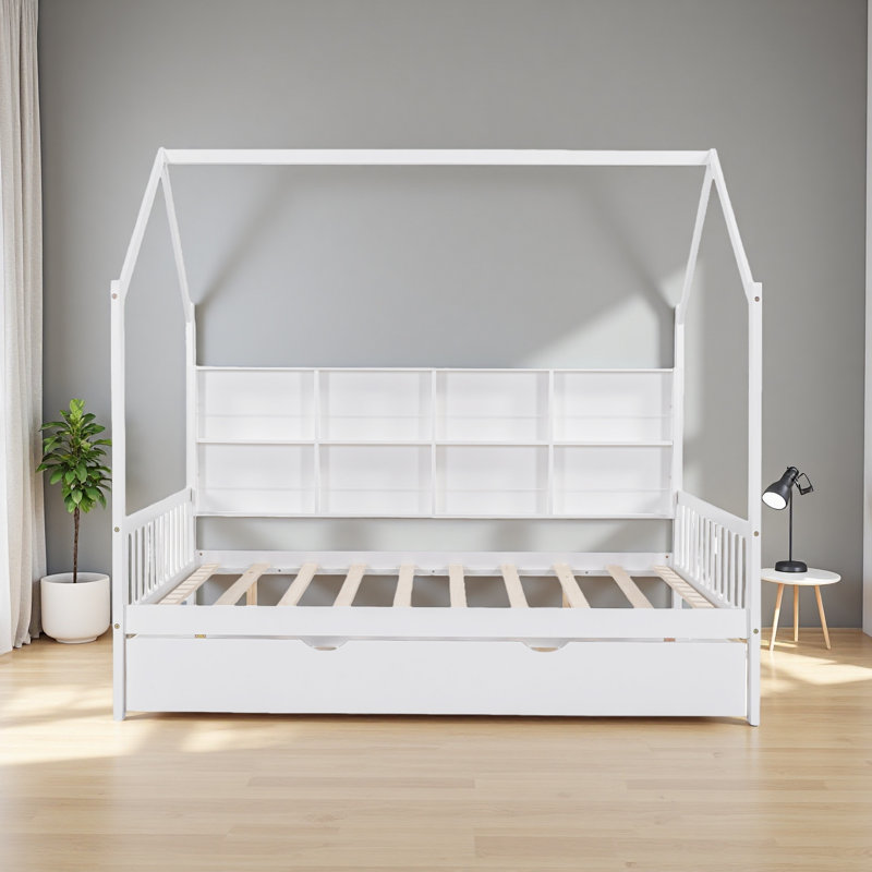 Lit House avec lit gigogne, lit pour enfant avec tablette, Lit double