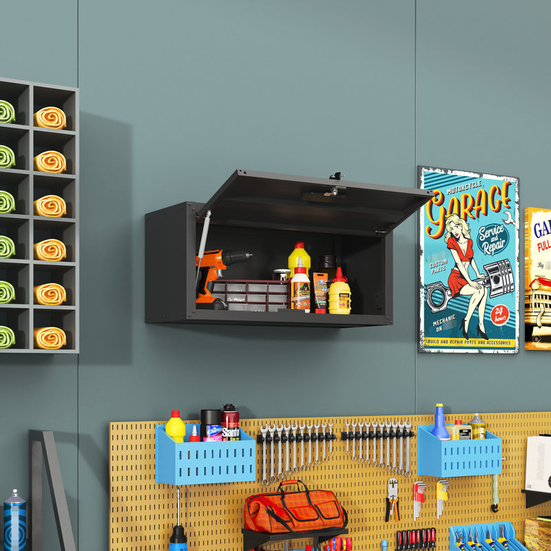 Armoire de rangement murale noire pour outils - métal robuste. Spacieux, serrure solide, capacité de tablette de 120 lb, métal moderne, noir. Vaste espace pour les outils, charge sécuritaire et style