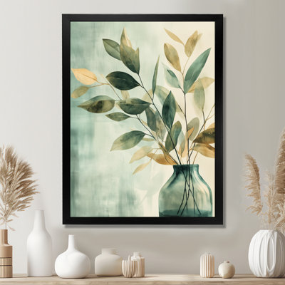 Feuilles dorées dans un vase en verre I - Impression d'art encadrée botanique verte
