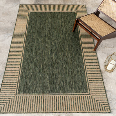 Alegre Bordered Indoor/Outdoor Area Rug for Living Room Patio Deck Front Porch Kitchen, Light Brown/Ivory