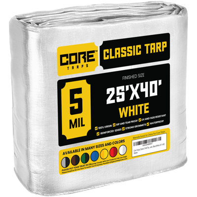 Classic 5 Mil 25' X 40', White, Tarpaulin Cover, Waterproof, UV Resistant, Rip and Tear Proof, Poly Tarp with Reinforced Edges for Roof, Patio, Pool Cover, Boat