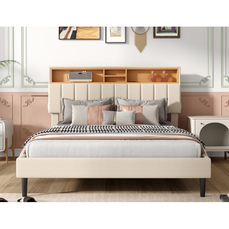 Lit plateforme tapissier Pannu, Double, Beige