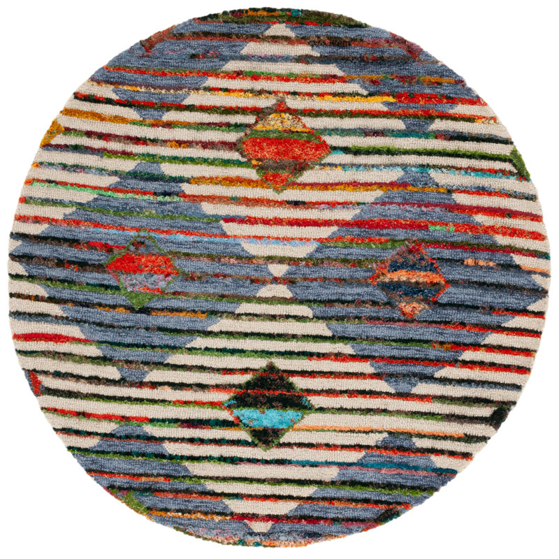 Tapis géométrique beige / bleu en laine / coton touffeté à la main Klasina, Rond 4 pi