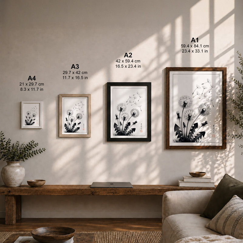 Dandelions in Dispersal Japandi - Framed Print, A3 - 42.0 x 29.7 cm, White