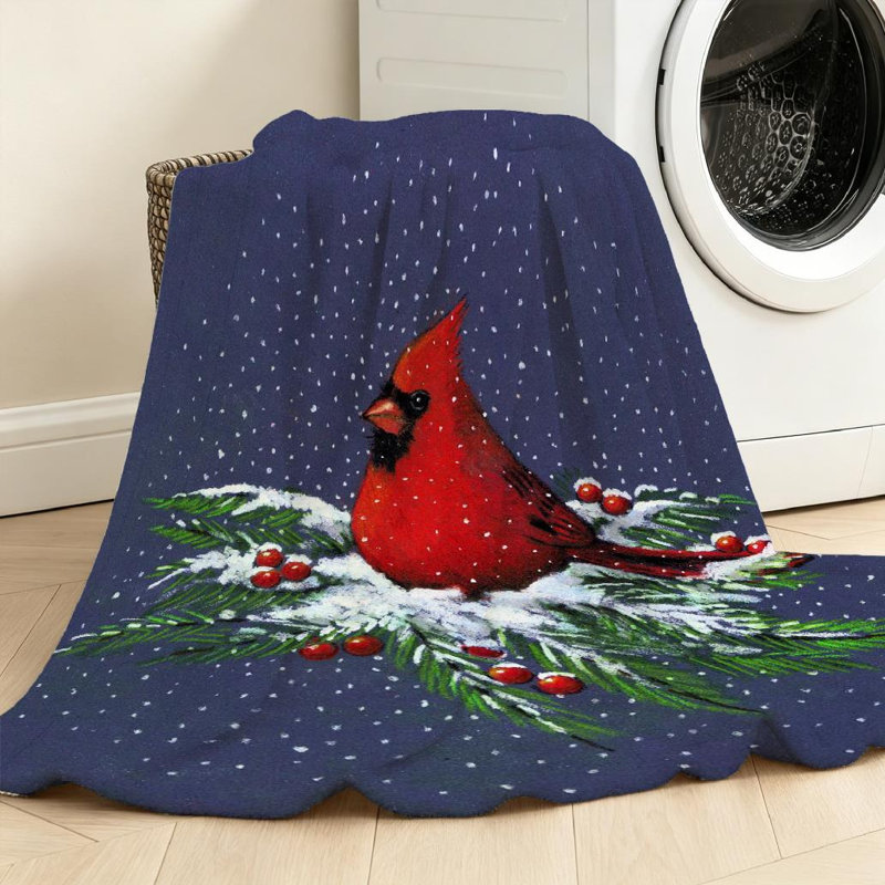 Jeté en flanelle rouge ultra doux, imprimé Cardinal Snowy Pine Bird, Throw 30" x 40"