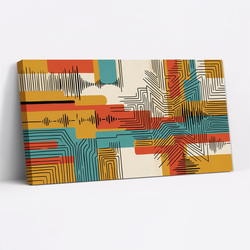 Tableau abstrait sur toile représentant des vagues et des lignes géométriques dans les tons moutarde et turquoise