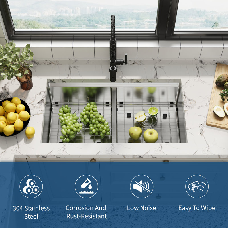 Évier de cuisine encastré sous comptoir 36 x 19 pouces – Acier inoxydable 304, 2 cuves à conception étagé, 36*19