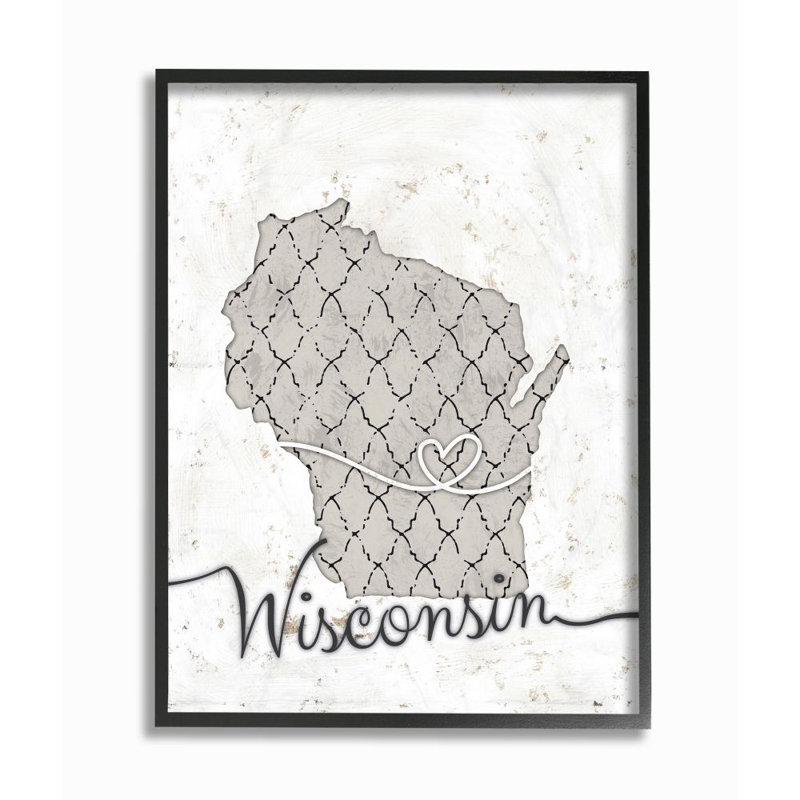 «Wisconsin Patterned Gray US State Design», impression sur toile, H 20 po x l 16 po, Giclée encadrée noir minuit