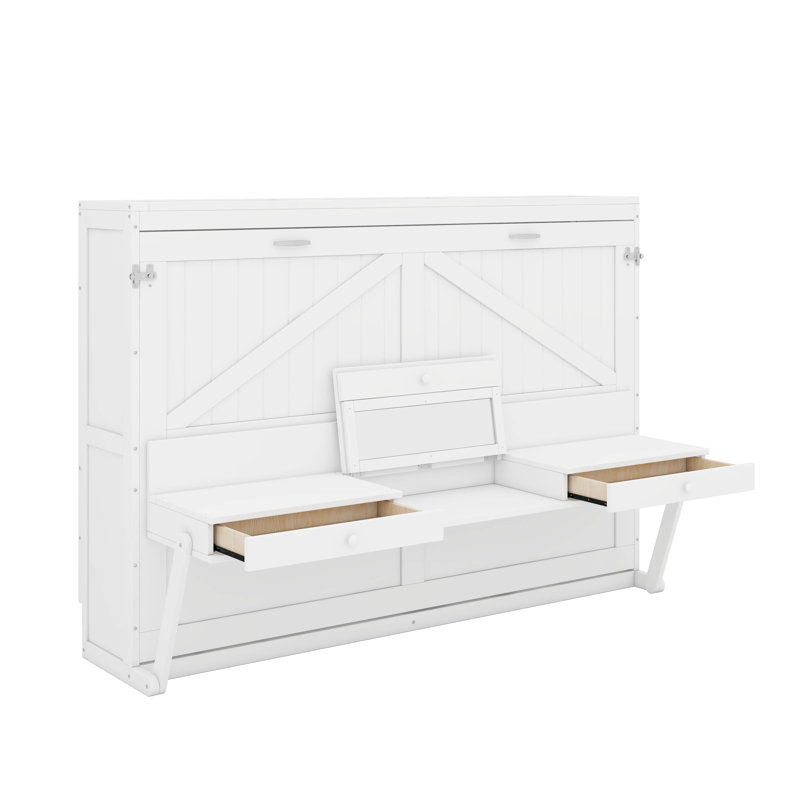 Grand lit escamotable mural avec rangement, bureau, miroir central et deux tiroirs latéraux, Blanc