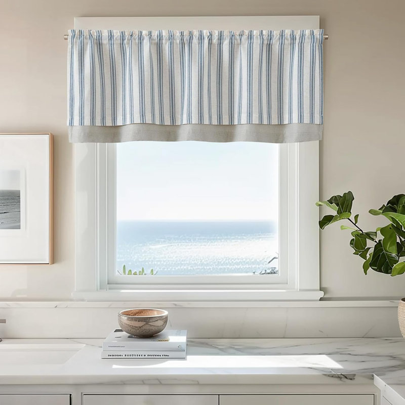 Linen Striped Valance Curtain Farmhouse Double Layer Valance, Blue