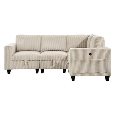 Beige Corduroy Fabric Sectional With Corner Seat Storage & Electrical Charging Modern Living Area End Ports