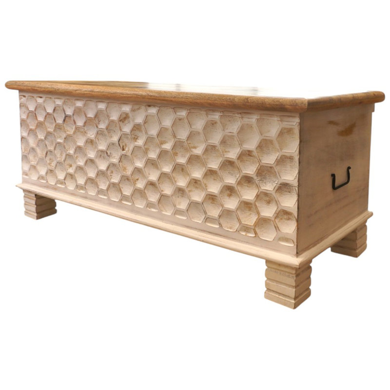 Hand-crafted Solid Wood Large Bench Trunk With Honeycomb Carved Front Panel