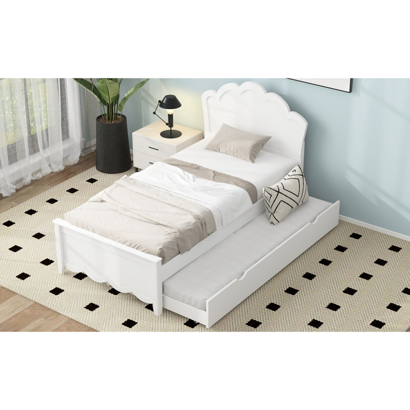 Lit simple en bois blanc avec tête de lit et lit gigogne accessible, Twin