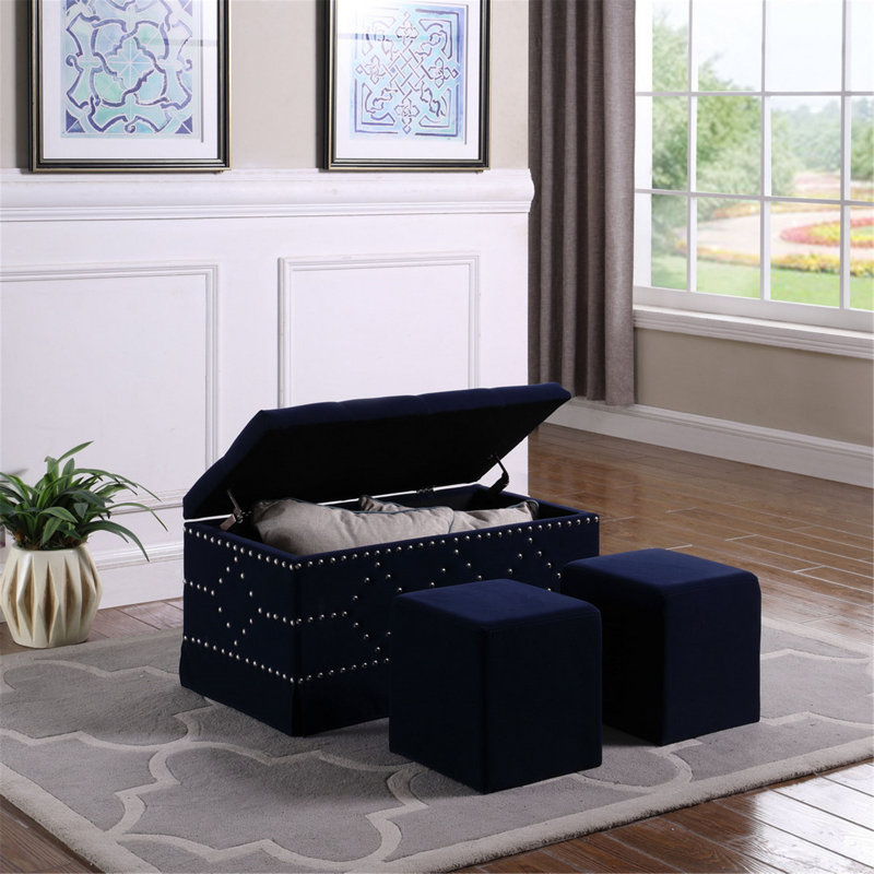 Banc de rangement en similicuir Juanelle, Bleu marine