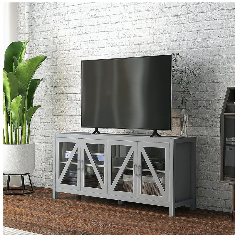 Meuble télé pour téléviseur de 58 po avec tablette de divertissement réglable, 4 portes en verre et 4 trous de câbles, gris, convenant aux salons