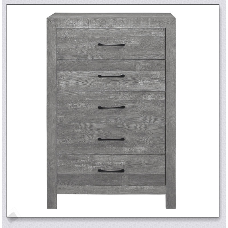 Commode rustique à finition grise avec cinq tiroirs de rangement et quincaillerie en métal noir pour l'organisation de la chambre à coucher