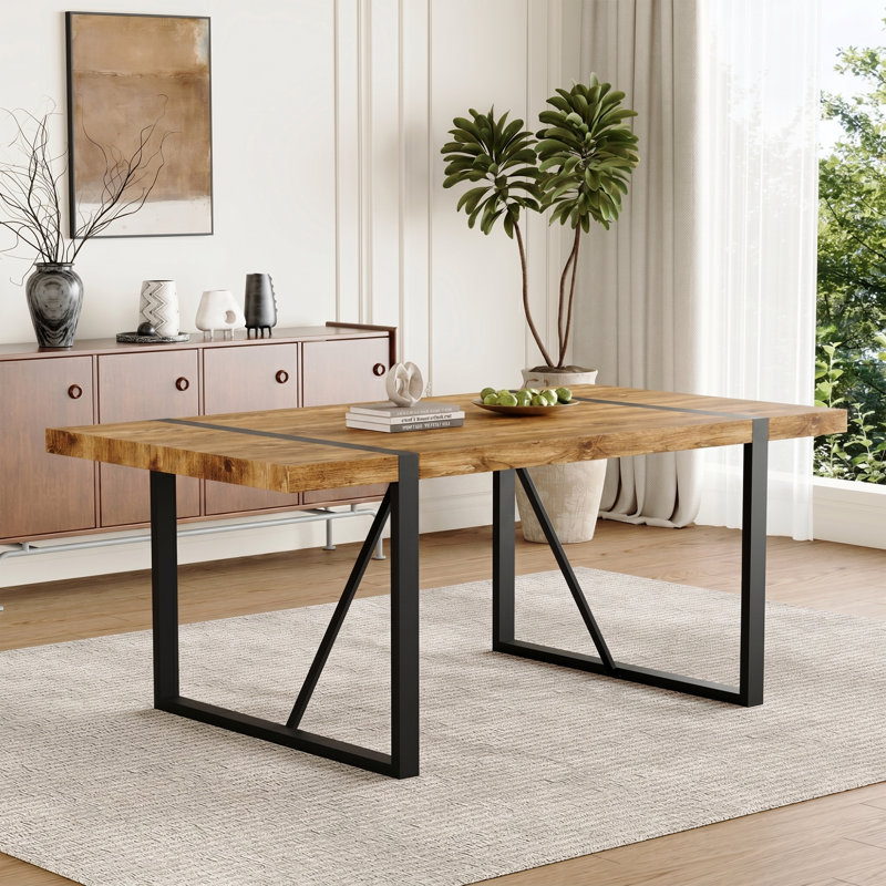 Table de salle à manger en bois, table rectangulaire de 71 po avec structure en métal et finition naturelle, Bois naturel