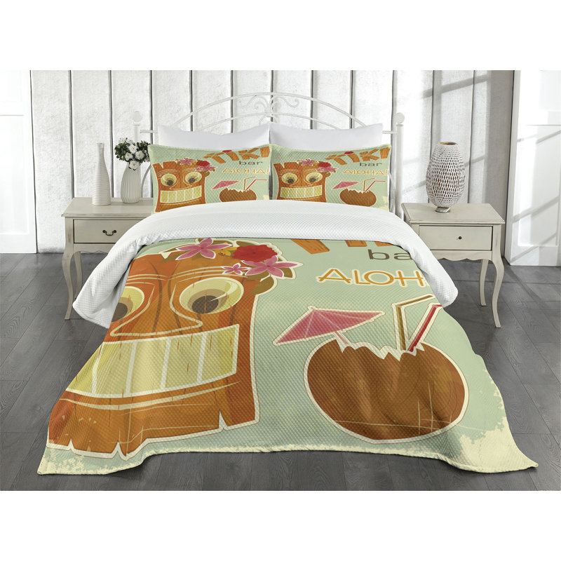 Ambesonne Tiki Bar Bedspread Set Drink Flora Multicolor, Queen Bedspread + 2 Standard Shams