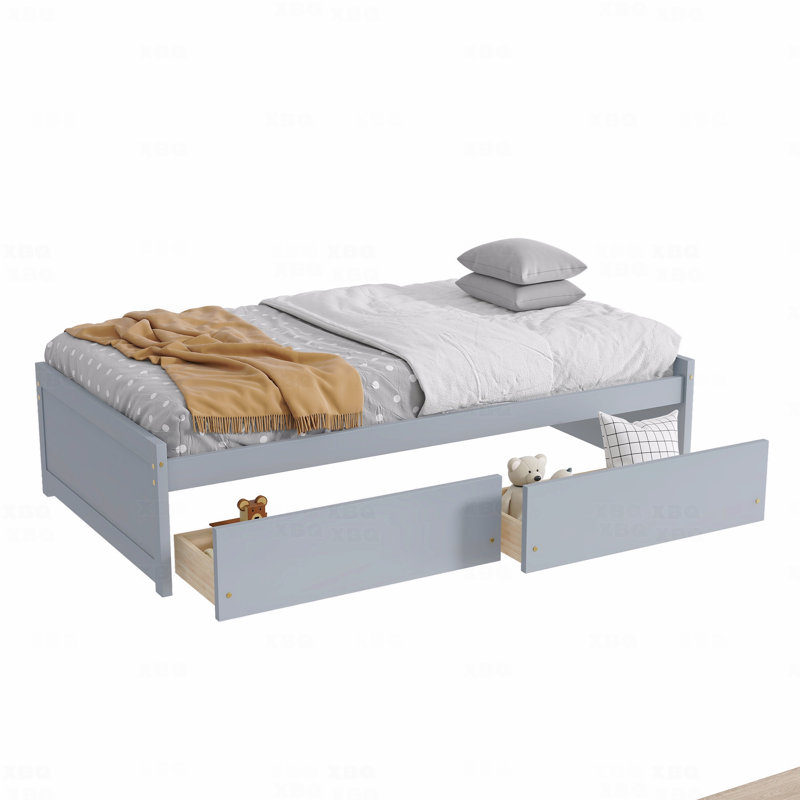 Lit simple, avec 2 tiroirs, en bois d'hévéa massif, Gris