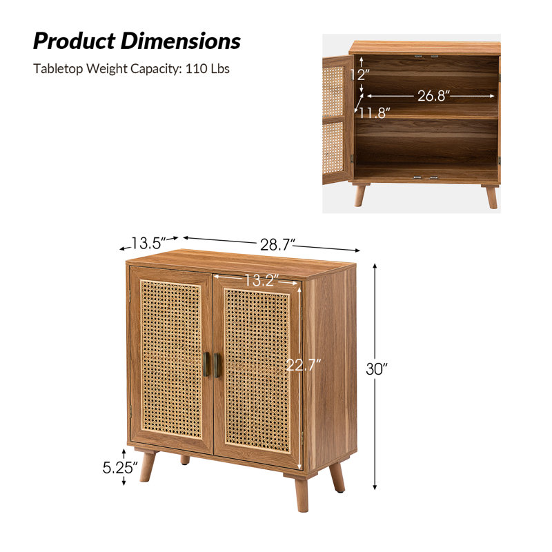 Emily 30'' Tall 2 - Rattan Door Accent Cabinet with Solid Wood Legs, Walnut
