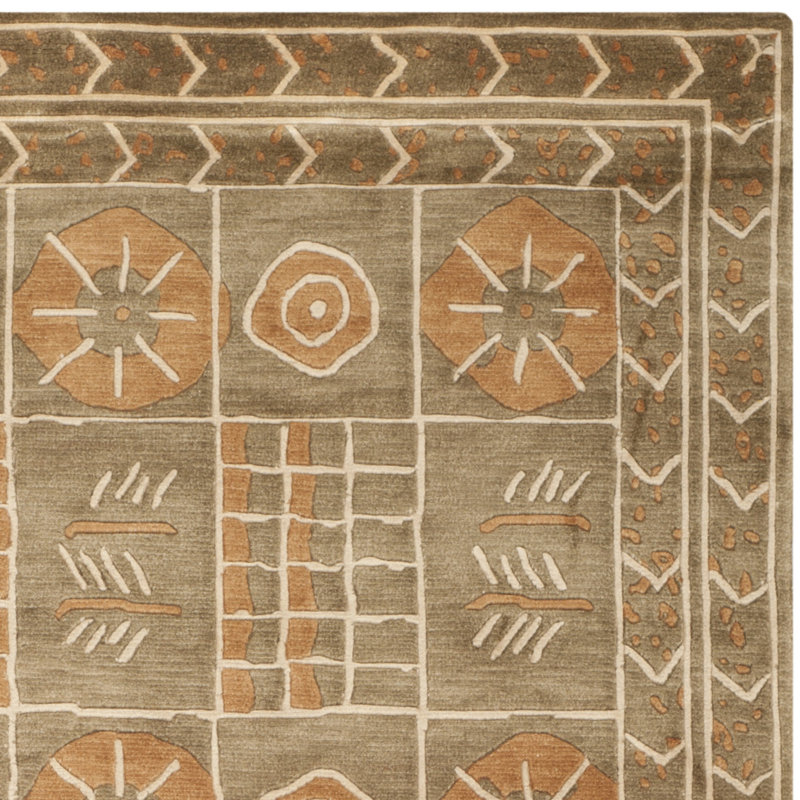 Tibetan Hand Knotted Wool Pile Southwestern Rug in Gray/Peach, Rectangle 6' x 9'
