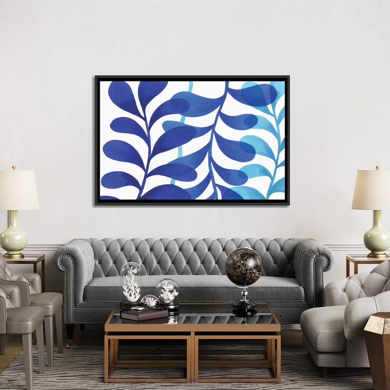 Impression sur toile indigo, H 18 po x l 26 po x P 1,5 po, Toile avec cadre noir, Pas de tapis