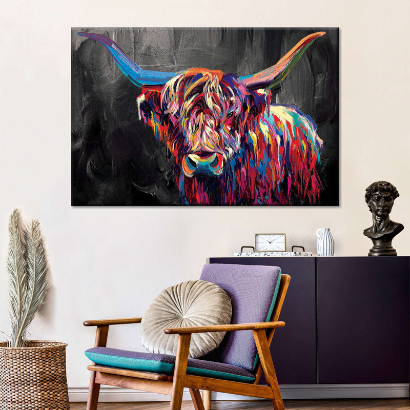 Vache multicolore sur toile, H 8 po x l 12 po x P 1 po