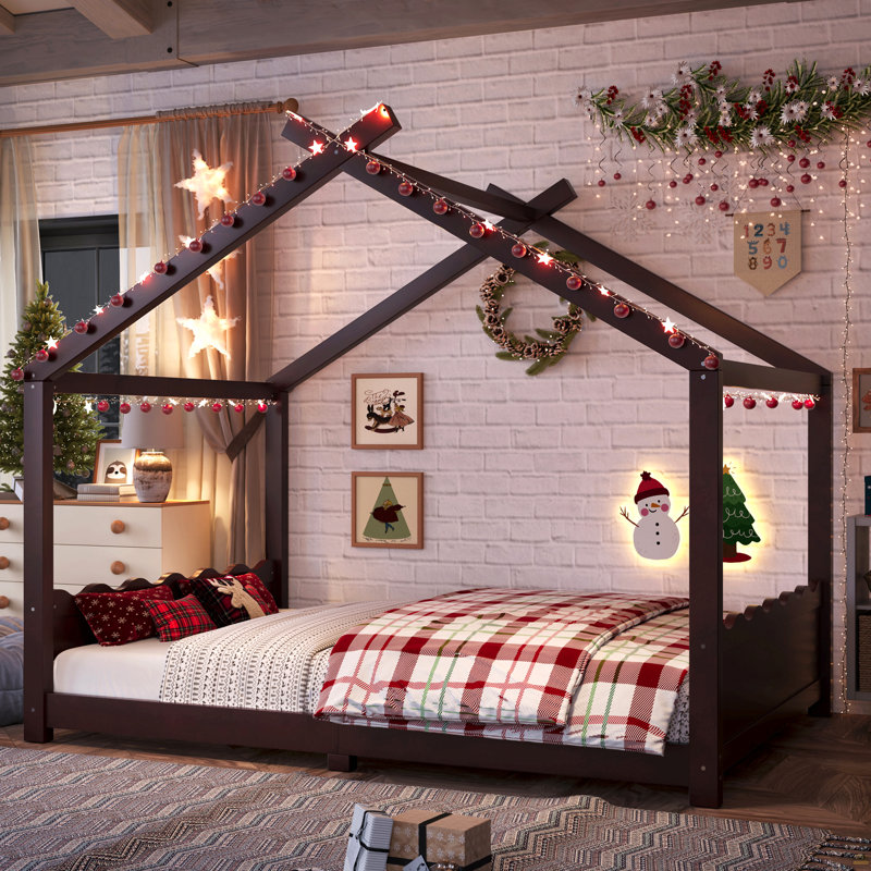 Lit double au sol avec lattes de soutien, structure de lit en bois massif, Lit double, Espresso