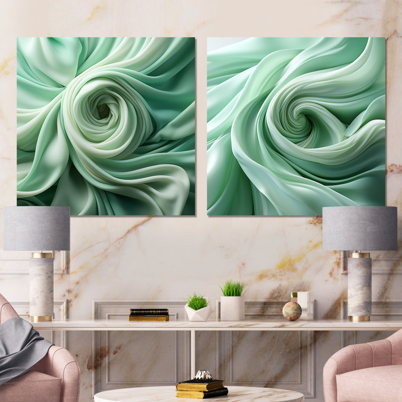 Green Soft Fractal Spirals I - Ensemble de 2 décorations murales spirales abstraites, Toile tendue